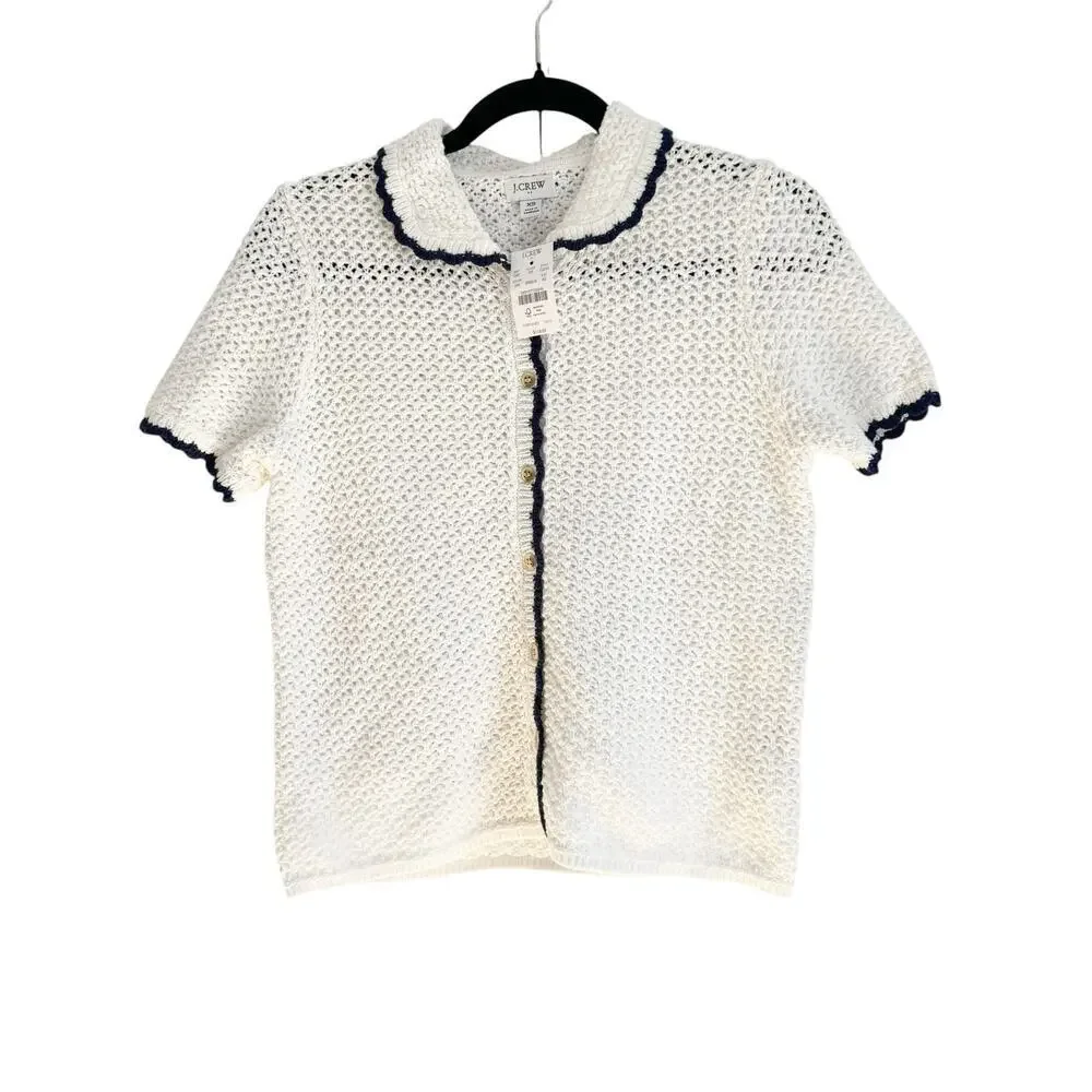 J. Crew Short-Sleeve Crochet Cardigan Sweater Ivory Ant Navy Crochet Size XS NWT